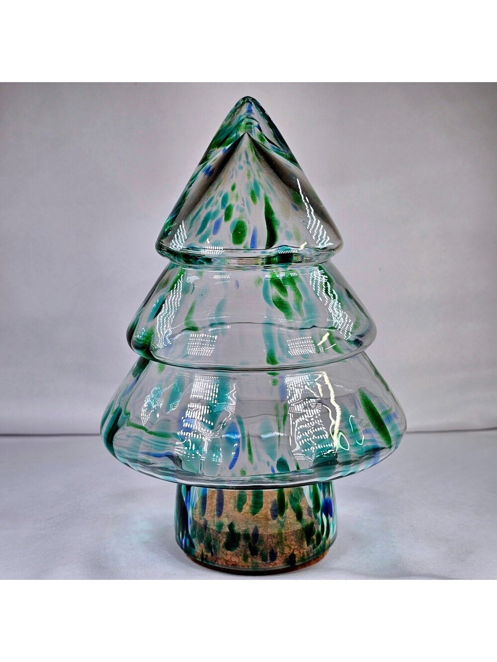 Hand Blown Glass Christmas Tree Figurine Green Blue Confetti 9.5" Cork Base Jar
